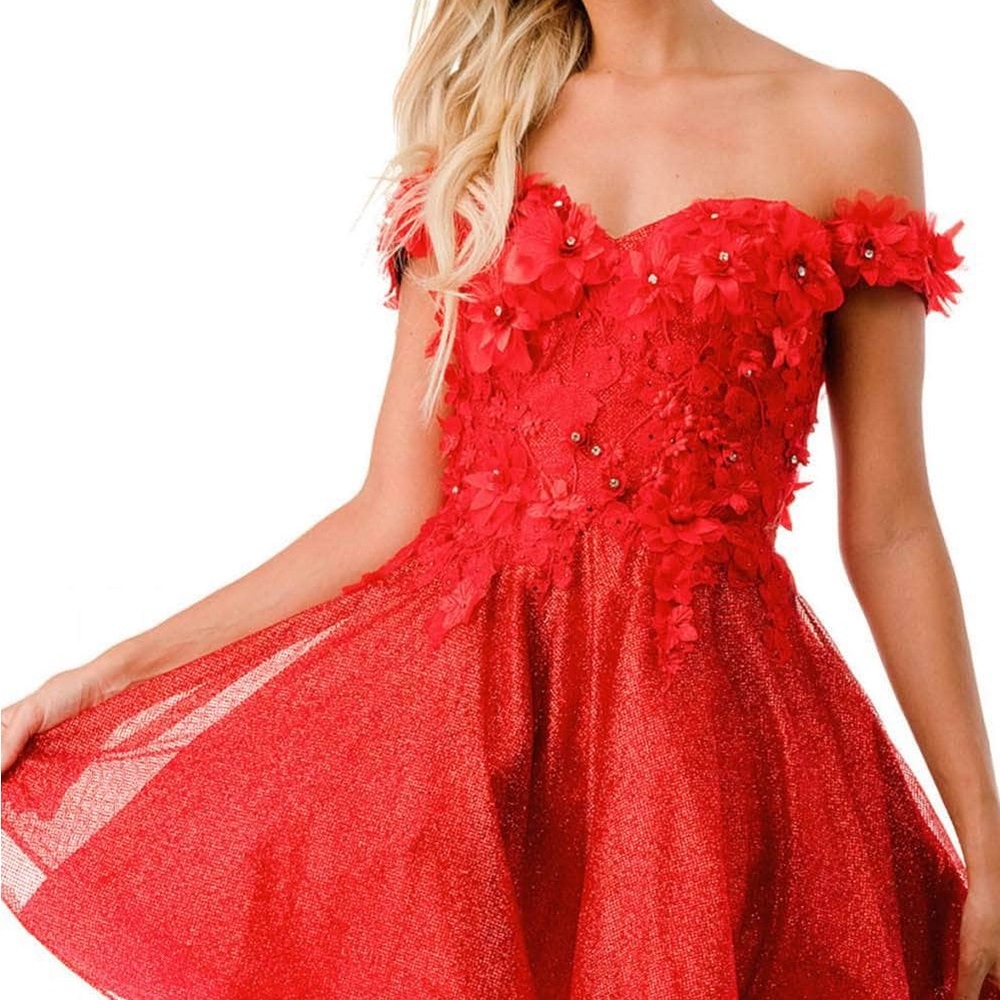 Elegant Red Floral Off-Shoulder Prom Dress